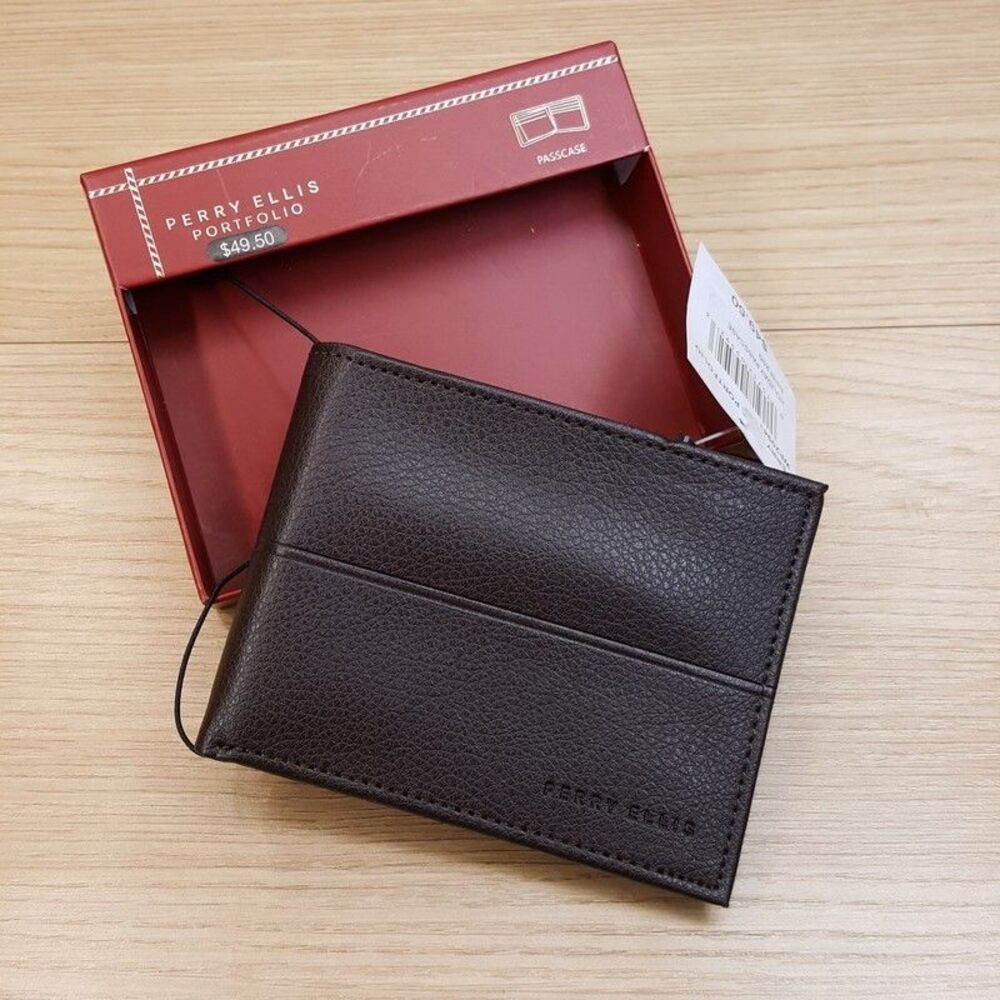 PERRY ELLIS Mens Wallet Dark Brown Leather Bifold Passcase RFID